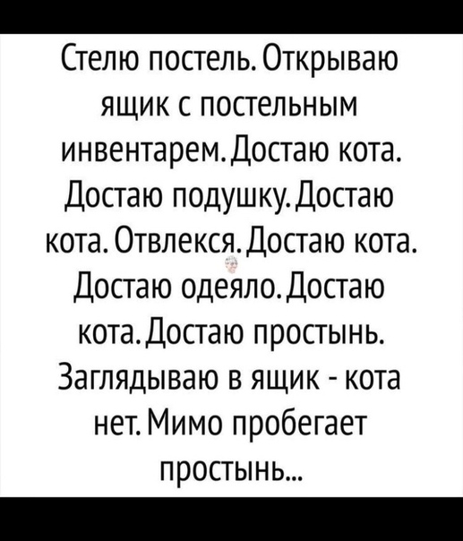 Стелю постель Открываю ящик с постельным инвентаремдостаю кота Достаю подушку Достаю кота ОтвлексяДостаю кота Достаю одеялоДостаю котаДостаю простынь Заглядываю в ящик кота нет Мимо пробегает простынь
