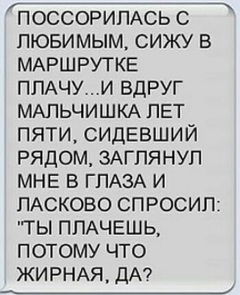 ______ ПОССОРИПАСЬ С ЛЮБИМЫМ СИЖУ В МАРШРУТКЕ ПЛАЧУИ ВДРУГ МАЛЬЧИШКА ЛЕТ ПЯТИ СИДЕВШИЙ РЯДОМ ЗАГПЯНУП МНЕ В ГЛАЗА И ПАСКОВО СПРОСИП ТЫ ПЛАЧЕШЬ ПОТОМУ ЧТО ЖИРНАЯ ДА