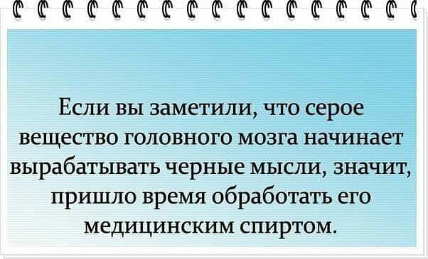ФФФФФФФФФФФФФй Если вы заметили что серое вещество головного мозга начинает вырабатывать черные мысли значит пришло время обработать его медицинским спиртом