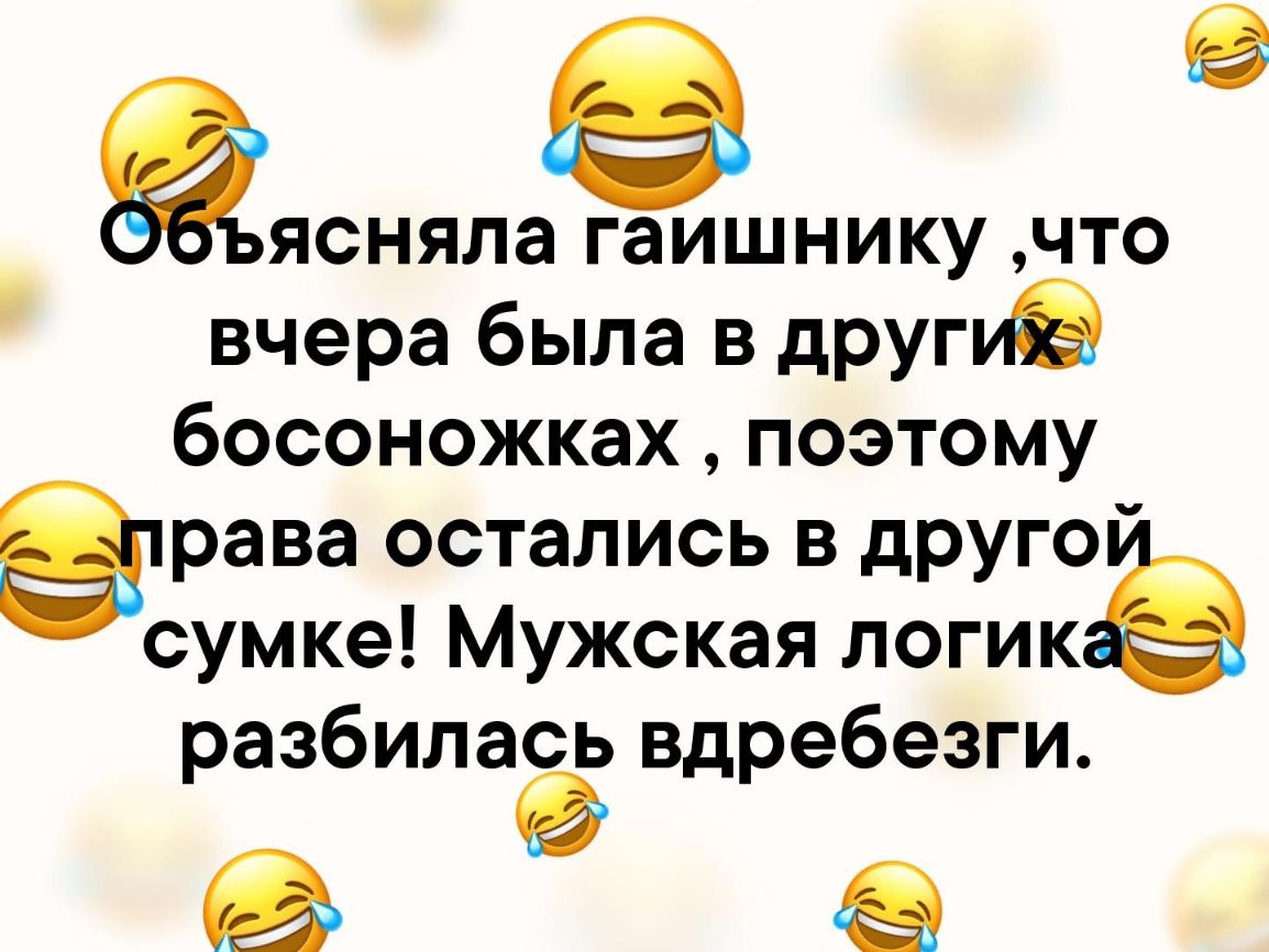 ЯСНЯЛЭ гаишнику ЧТО вчера была в другие босоножках поэтому рава остались в дРУго сумке Мужская логик разбилась вдребезги