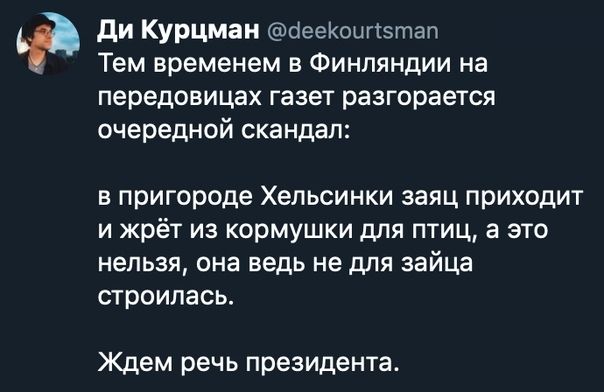 ДИ КУРЦман сіееКоыгтэтап Тем Временем В Финляндии На передовицах газет разгорается очередной скандал в пригороде Хельсинки заяц приходит и жрёт из кормушки для птиц а это нельзя она ведь не для зайца строилась Ждем речь президента