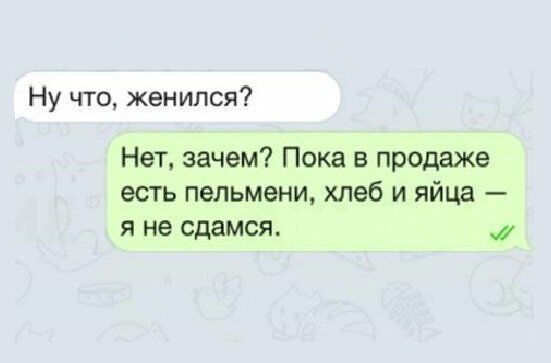 Ну что женился Нет зачем Пока в продаже есть пельмени хлеб и яйца я не сдамся