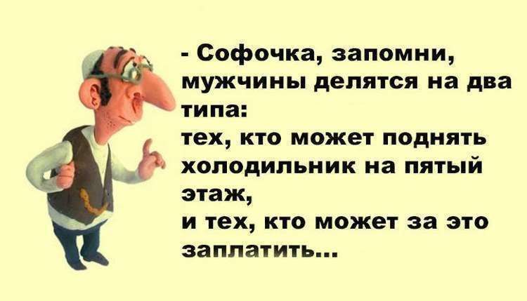 Софочка запомни мужчины делятся на два типа тех кто может поднять холодильник на пятый этаж и тех кто может за это заплатить