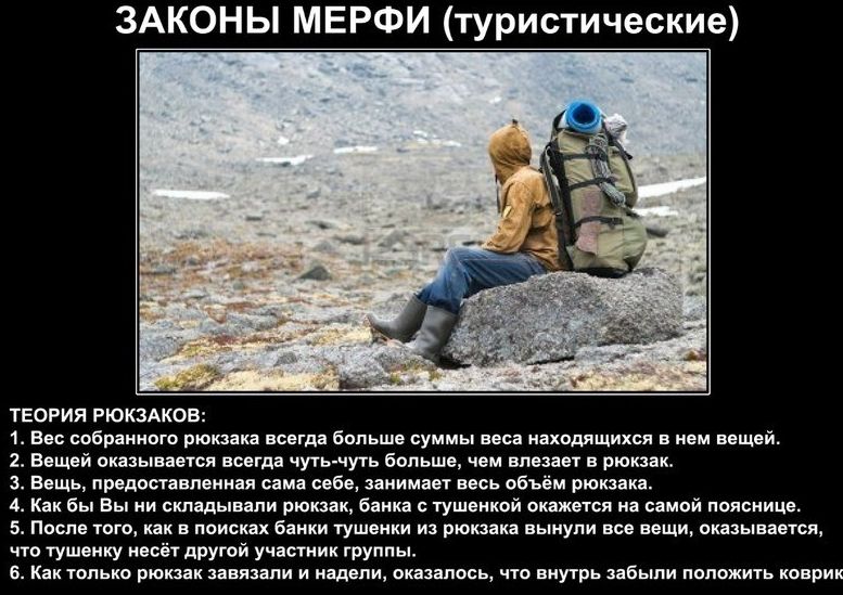 ЗАКОНЫ МЕРФИ туристические ТЕОРИЯ РЮКЗАКОБ 1 Вес собранного рюкзака всегда больше суммы веса находящихся в нем вещей 2 Вещей оказывается всегда чуть чуть Больше чем влезает в рюкзаке З Вещь предоставленная сама себе занимает весь объём рюкзака 4 Как бы вы ни складывали рюкзак банка тушенкой окажется на самой пояснице 5 После того как в поисках банки тушенки из рюкзака вынули все вещи оказывается ч