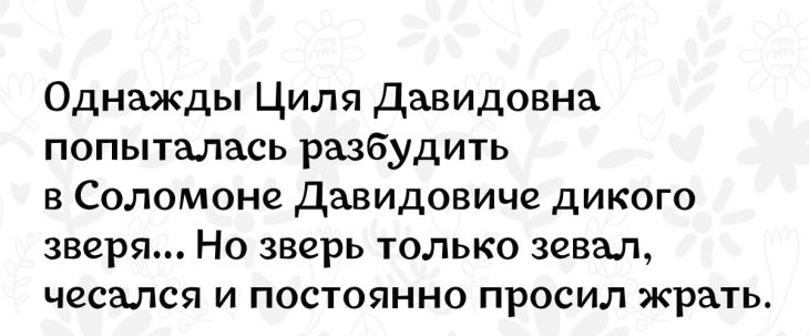 Однажды Циля Давидовна попыталась разбудить в Соломоне Давидовиче дикого зверя Но зверь только зевал чесался и постоянно просил жрать