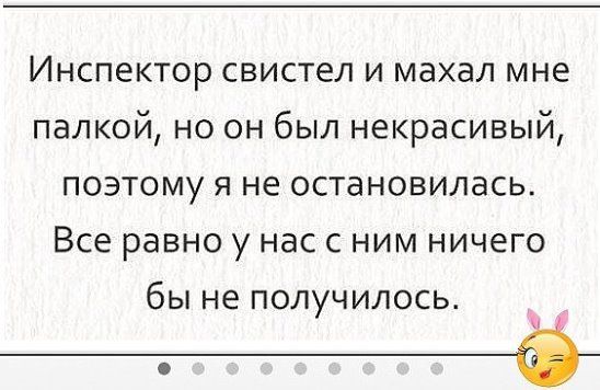 Инспектор свистел и махал мне палкой но он был некрасивый поэтому я не остановилась Все равно у нас с ним ничего бы не получилось ё