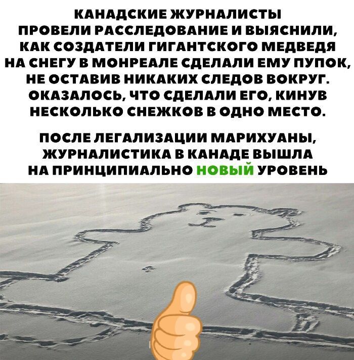 КАНАДСКИЕ ЖУРНАЛИСТЫ ПРОВЕЛИ РАССЛЕДОВАНИЕ И ВЫЯСНИЛИ КАК СОЗДАТЕЛИ ГИГАНТСКОГО МЕДВЕДЯ НА СНЕГУ В МОНРЕАЛЕ СДЕЛАЛИ ЕМУ ПУПОК НЕ ОСТАВИВ НИКАКИХ СЛЕДОВ ВОКРУГ ОКАЗАЛОСЬ ЧТО СДЕЛАЛИ ЕГО КИНУВ НЕСКОЛЬКО СНЕЖКОВ В ОДНО МЕСТО ПОСЛЕ ЛЕГАЛИЗАЦИИ МАРИХУАНЫ ЖУРНАЛИСТИКА В КАНАДЕВЫШЛА НА ПРИНЦИПИАЛЬНО НОВЫИ УРОВЕНЬ