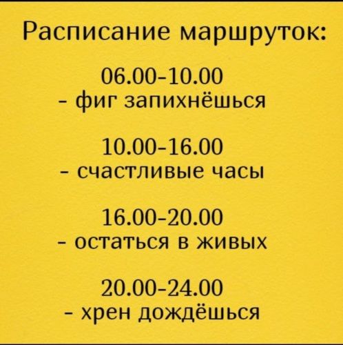 Расписание маршруток 0600 1000 фиг запихнёшься 1000 1600 счастливые часы 1600 2000 остаться в живых 20002400 хрен дождёшься