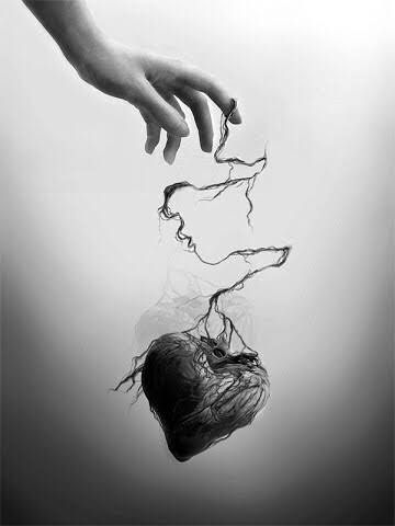 Черно-белое художественное изображение: рука держит нить, на конце висит разрушенное сердце, напоминающее проекция идущей запутанной связи.