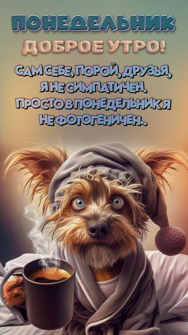 ПОНЕДЕЛЬНИК
ДОБРОЕ УТРО!
САМ СЕБЕ, ПОРОЙ, ДРУЗЬЯ,
Я НЕ СИМПАТИЧЕН.
 ПРОСТО В ПОНЕДЕЛЬНИКЯ
НЕ ФОГЕНИЧЕН.