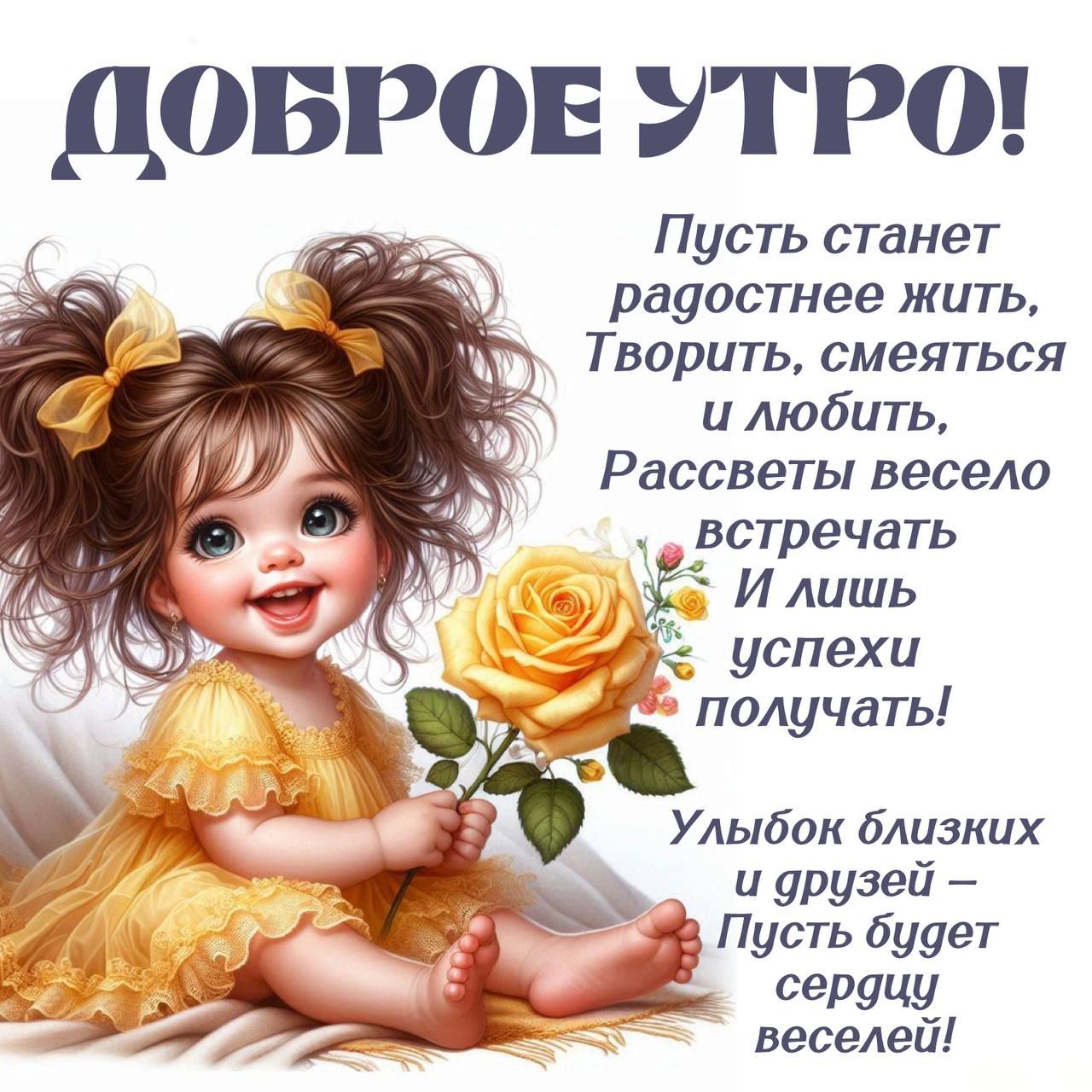 ДОБРОЕ УТРО! Пусть станет радостнее жить, Творить, смеяться и любить, Рассветы весело встречать И лишь успехи получать! Улыбок близких и друзей – Пусть будет сердцу веселей!