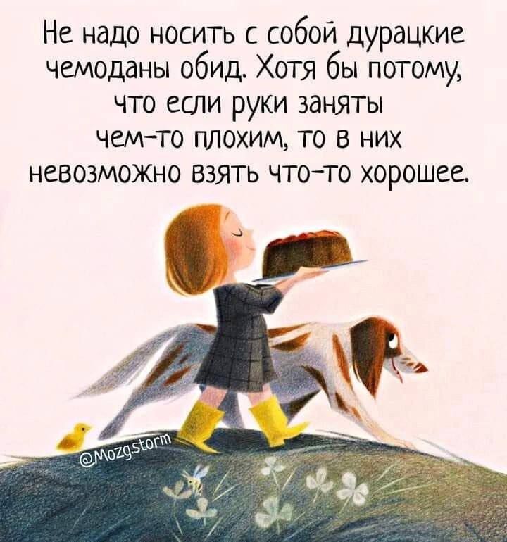 Не надо носить с собой дурацкие чемоданы обид. Хоть бы потому, что если руки заняты чем-то плохим, то в них невозможно взять что-то хорошее.