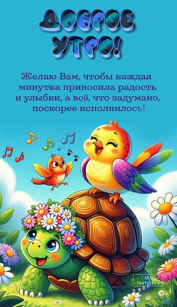 ДОБРОЕ УТРО! Желаю Вам, чтобы каждая минута приносила радость и улыбки, а всё, что задумано, поскорее исполнилось!