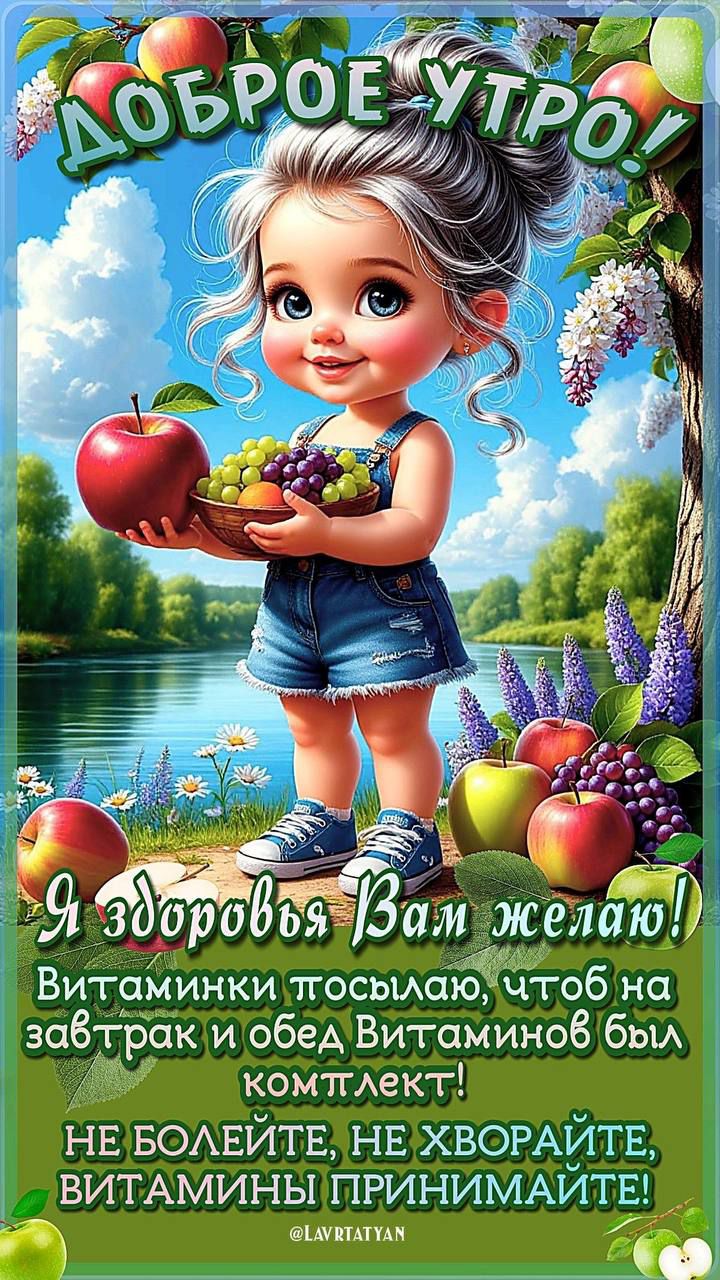 ДОБРОЕ УТРО! Я здоровья Вам желаю! Витаминки посылаю, чтобы на завтрак и обед Витаминов был комплект! НЕ БОЛЕЙТЕ, НЕ ХВОРАЙТЕ, ВИТАМИНЫ ПРИНИМАЙТЕ!