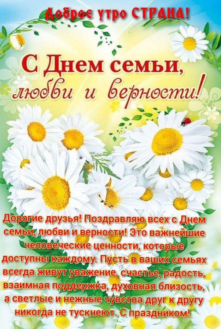 Доброе утро СТРАНА!
С Днем семьи, любви и верности!
Дорогие друзья! Поздравляю всех с Днем семьи, любви и верности! Это важнейшие человеческие ценности, которые доступны каждому. Пусть в ваших семьях всегда живут уважение, счастье, радость, взаимная поддержка, духовная близость, а светлые и нежные чувства друг к другу никогда не тускнеют. С праздником!