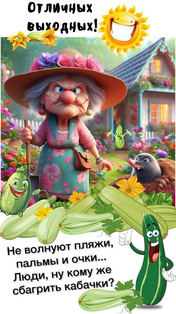 Отличных выходных!
Не волнуют пляжи, пальмы и очки... Люди, ну кому же сбагрить кабачки?