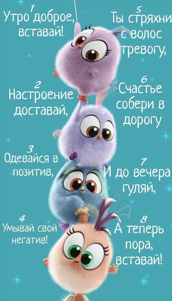 Утро доброе, вставай! Настроение доставай, Одевайся в позитив, Умывай свой негатив! Ты стряхни с волос тревогу, Счастье собери в дорогу, И до вечера гуляй, А теперь пора, вставай!