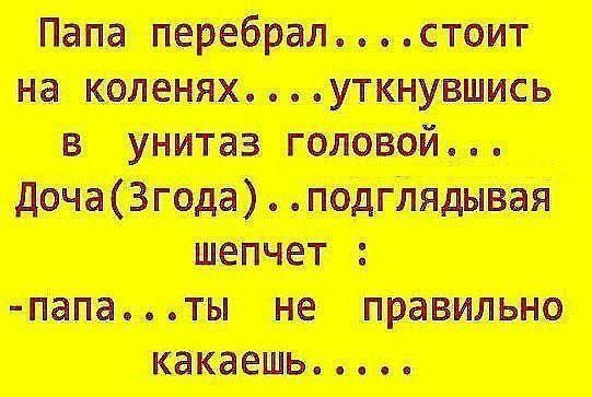 Папа перебрал... стоит на коленях... уткнувшись в унитаз головой... Доча(3 года) ... подглядывая шепчет: -папа... ты не правильно какаешь....