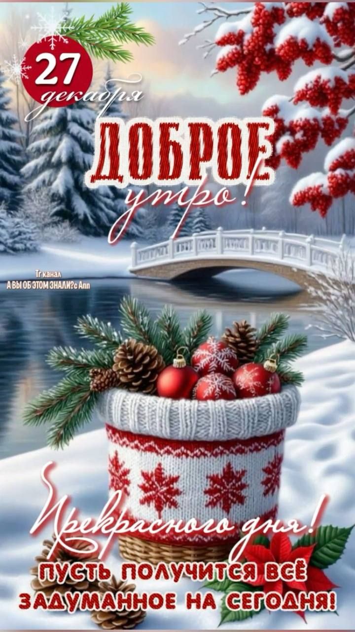 27 декабря
ДОБРОЕ утро!
Прекрасного дня! Пусть получится всё задуманное на сегодня!