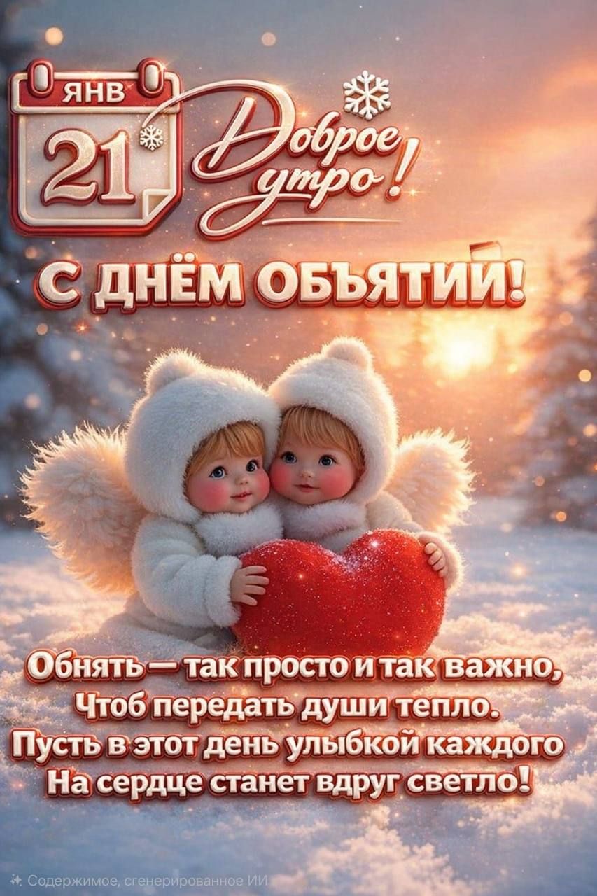 21 Янв Доброе утро! С днём объятий! Обнять — так просто и так важно, Чтоб передать душу тепло. Пусть в этот день улыбкой каждого На сердце станет вдруг светло!
