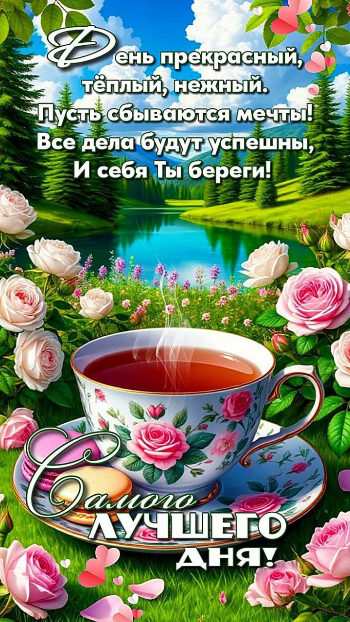 День прекрасный, тёплый, нежный. Пусть сбываются мечты! Все дела будут успешны, И себя Ты береги! Самого лучшего дня!