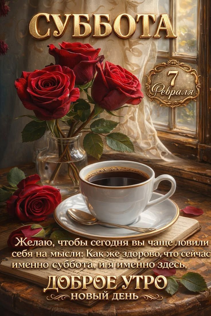 СУББОТА
7 Февраля
Желаю, чтобы сегодня вы чаще ловили себя на мысли: Как же здорово, что сейчас именно суббота, и я именно здесь.
ДОБРОЕ УТРО НОВЫЙ ДЕНЬ