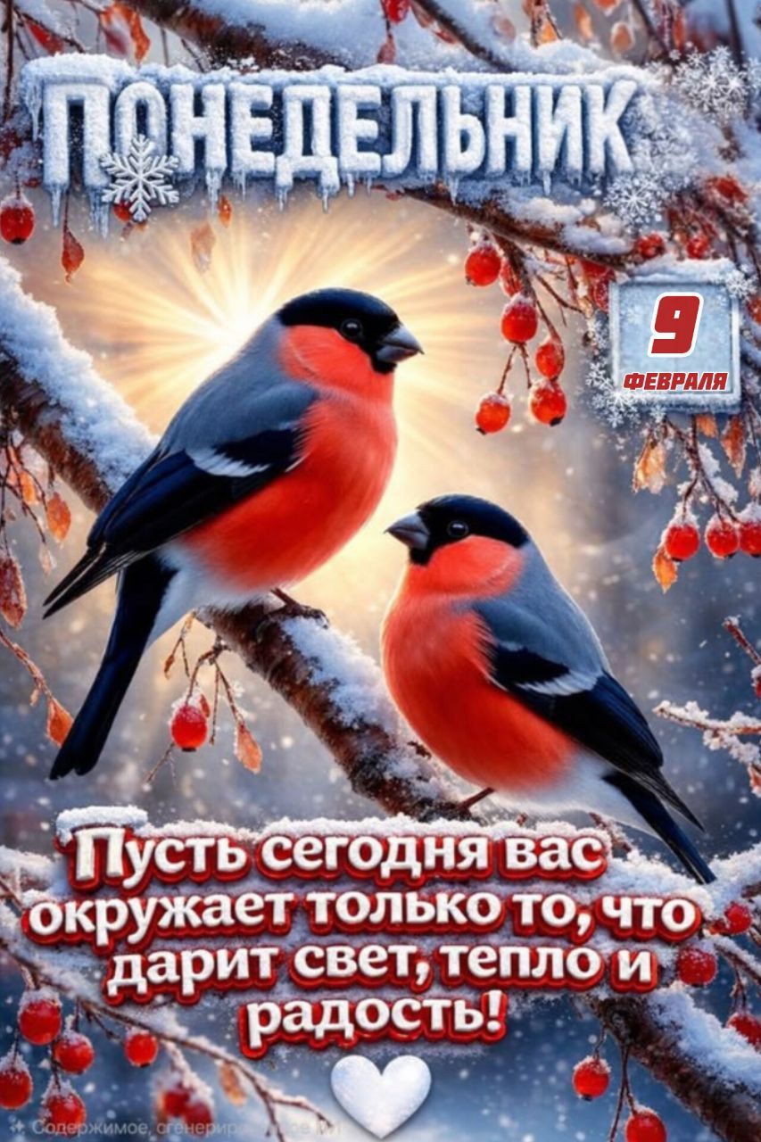 ПОНЕДЕЛЬНИК
9 ФЕВРАЛЯ
Пусть сегодня вас окружает только то, что дарит свет, тепло и радость!