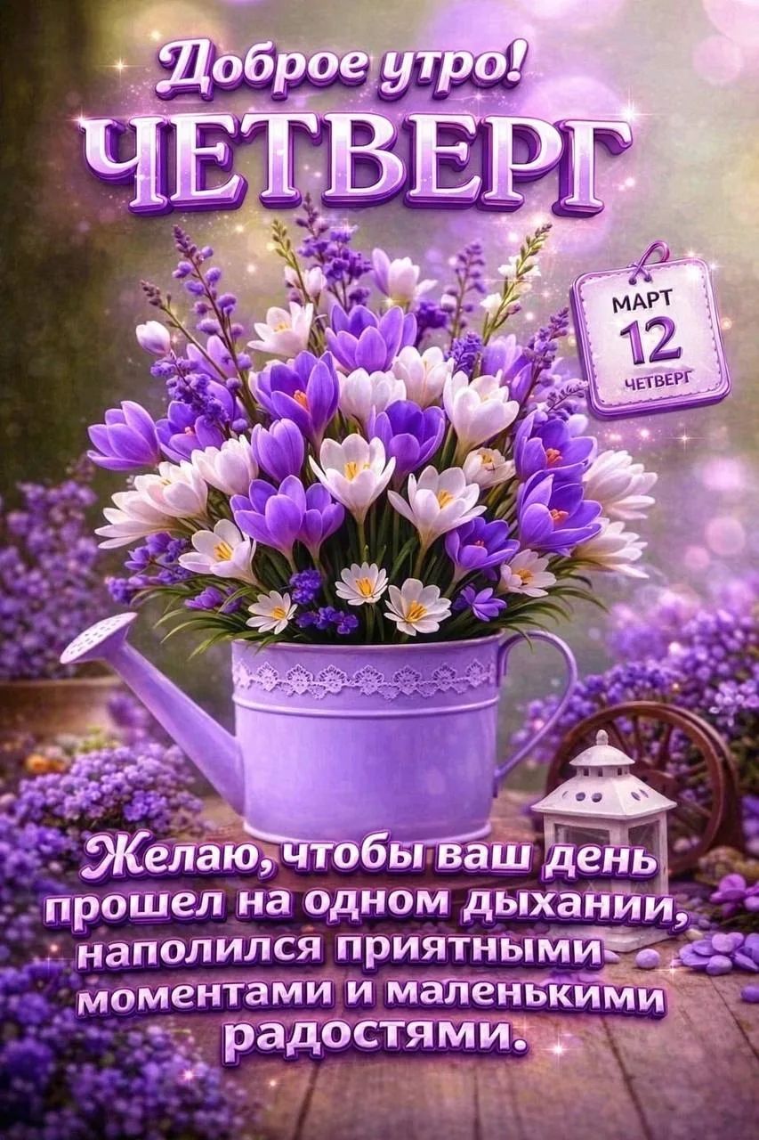 Доброе утро! ЧЕТВЕРГ\nЖелаю, чтобы ваш день прошёл на одном дыхании, наполнится приятными моментами и маленькими радостями.