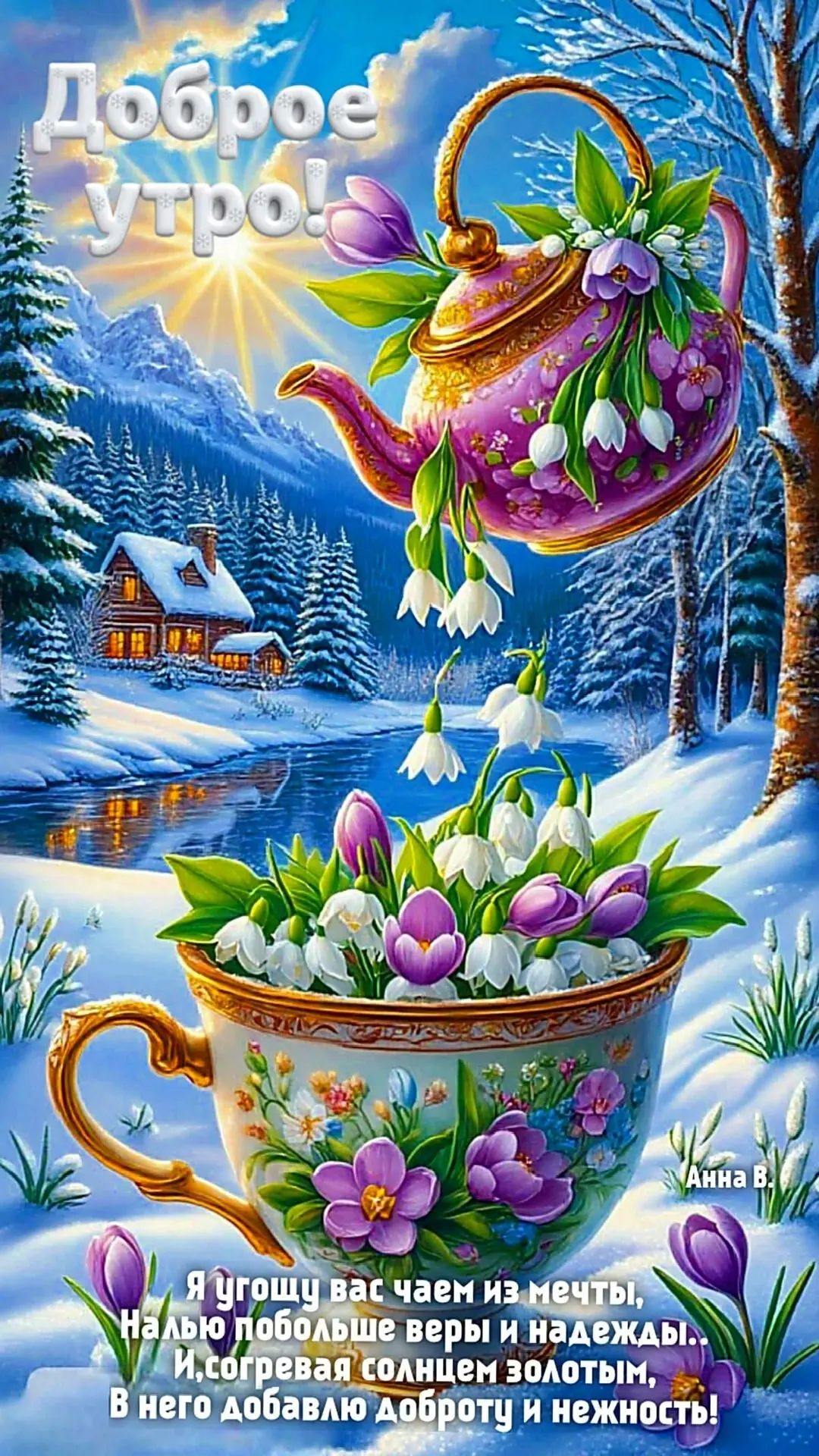 Доброе утро! Я хочу вас чаем из мечты, Налью побольше веры и надежды, И, согревая солнцем золотым, В него добавляю доброту и нежность!