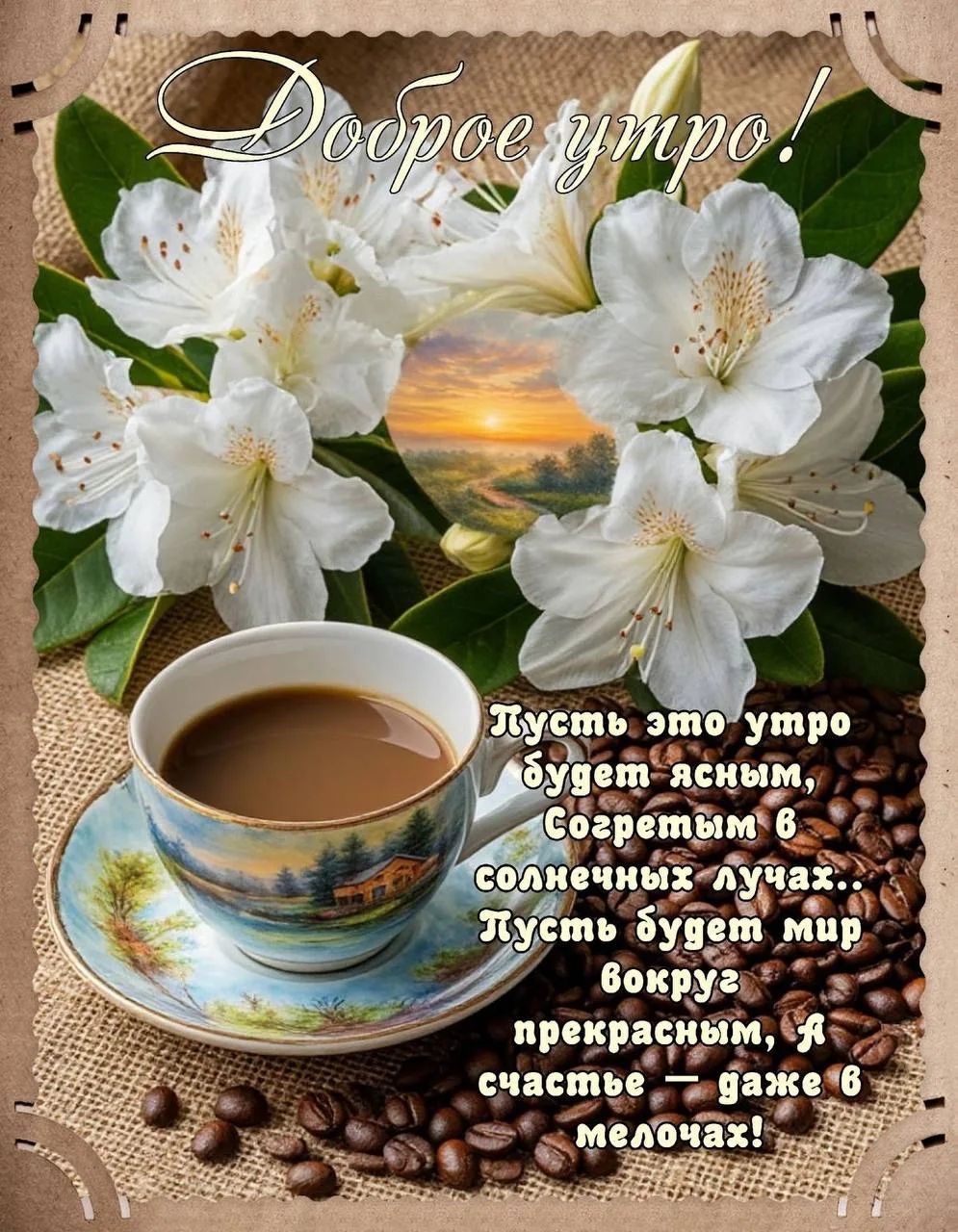 Доброе утро! Пусть это утро будет ясным, Согретым в солнечных лучах.. Пусть будет мир вокруг прекрасным, А счастье — даже в мелочах!