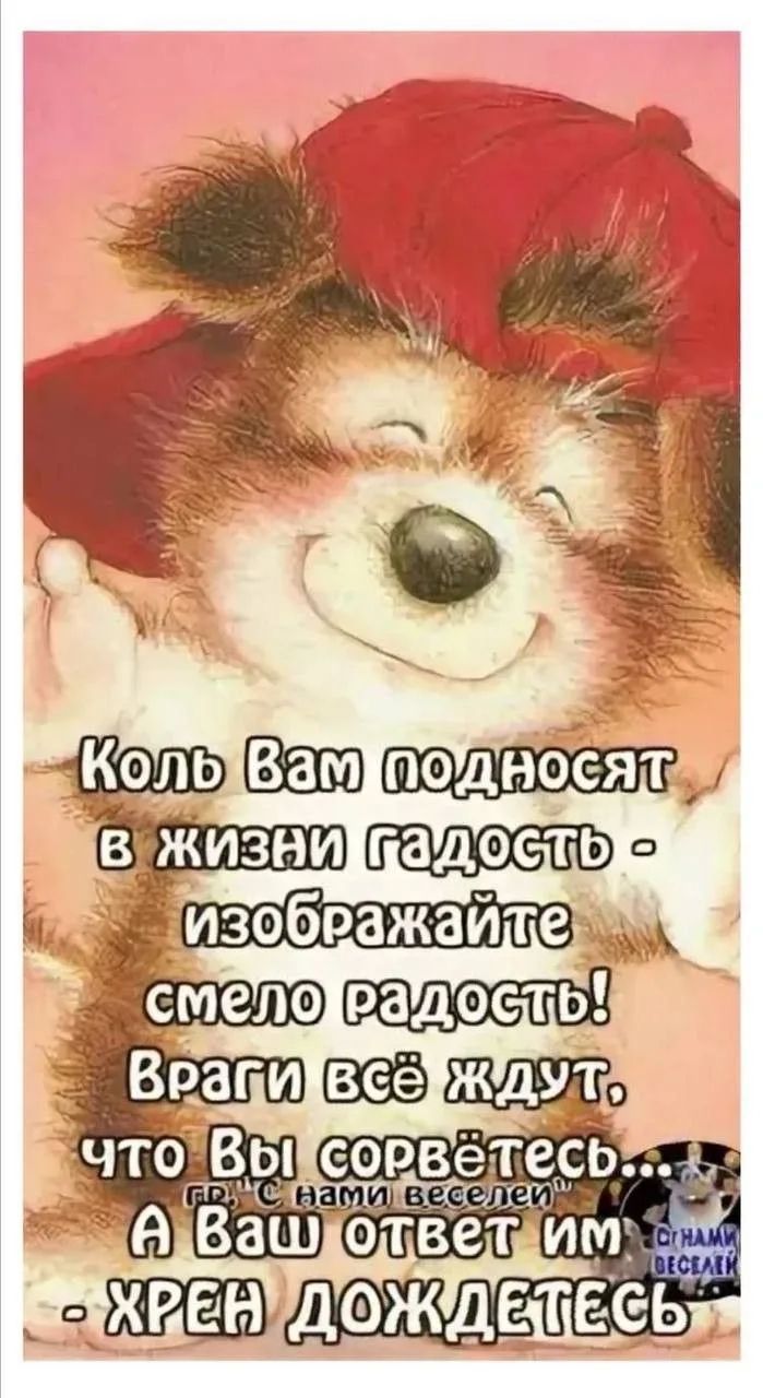 Коль Вам подносят в жизни гадость - изображайте смело радость! Враги всё ждут, что Вы сорвётесь... А Ваш ответ им - ХРЕН ДОЖДЕТЕСЬ. ГР. С НАМИ ВЕСЕЛЕЙ