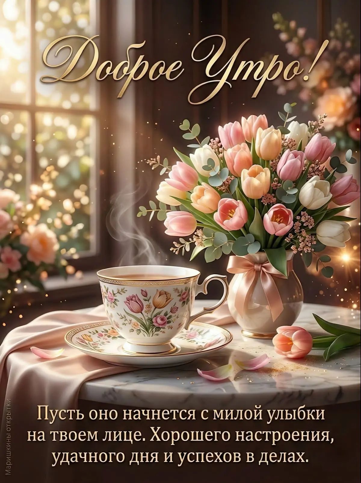 Доброе Утро! Пусть оно начнется с милой улыбки на твоем лице. Хорошего настроения, удачного дня и успехов в делах.