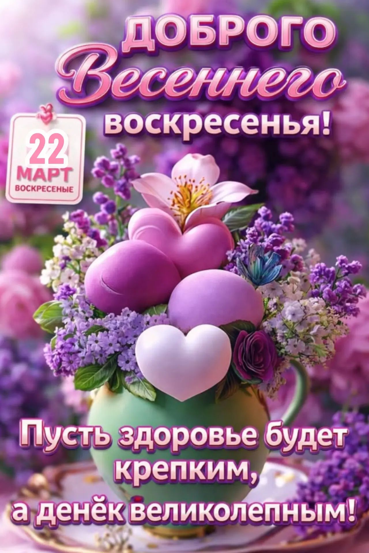 ДОБРОГО Весеннего воскресенья! 22 МАРТ ВОСКРЕСЕНЬЕ Пусть здоровье будет крепким, а денёк великолепным!