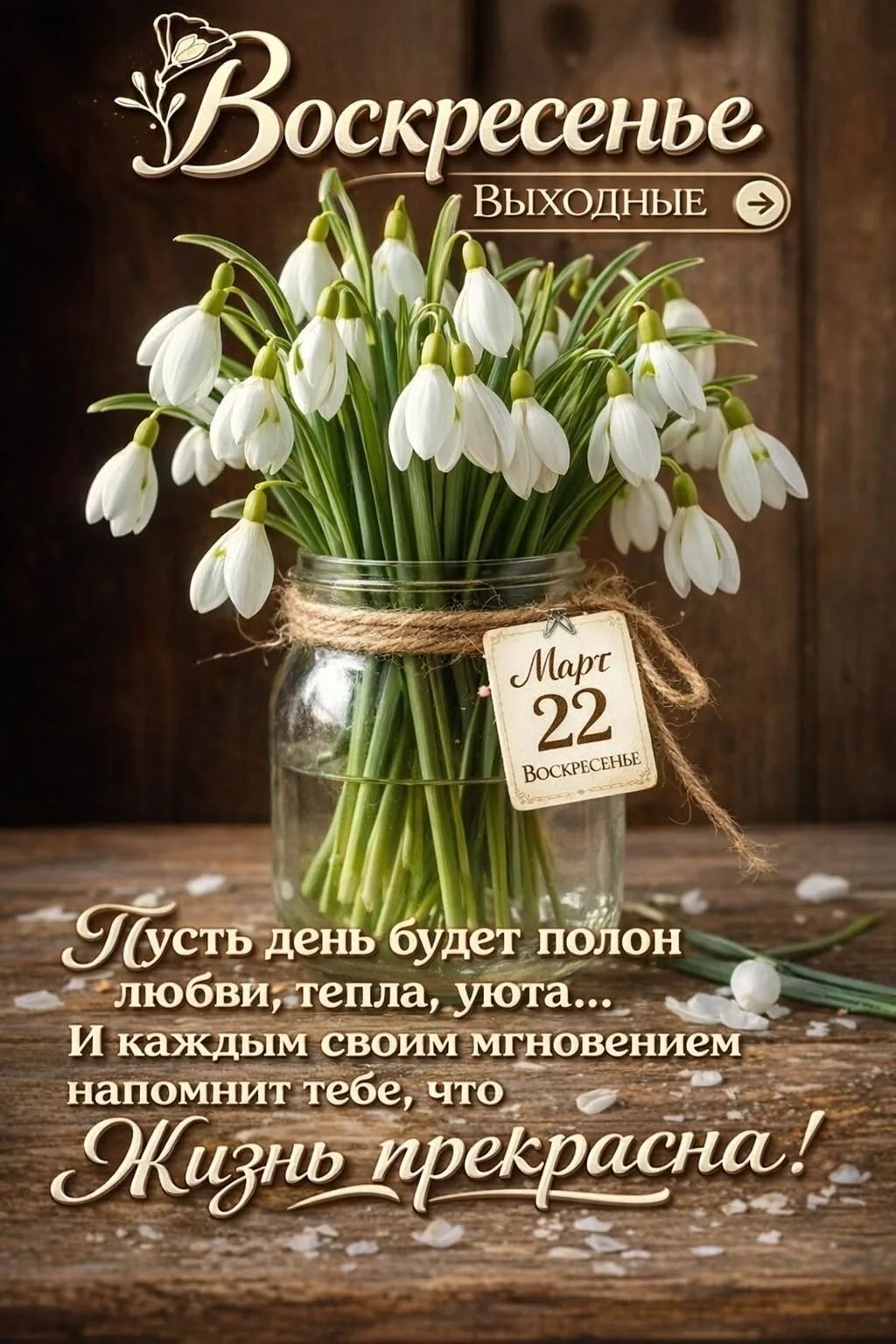 Воскресенье Выходные Март 22 Воскресенье Пусть день будет полон любви, тепла, уюта... И каждым своим мгновением напомнит тебе, что Жизнь прекрасна!