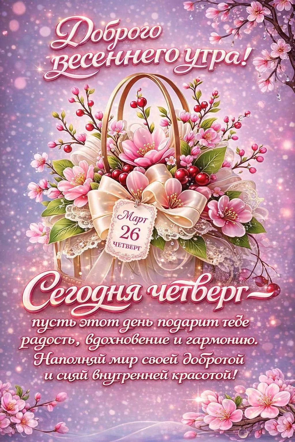 Доброго весеннего утра! Март 26 ЧЕТВЕРГ Сегодня четверг пусть этот день подарит тебе радость, вдохновение и гармонию. Наполняй мир своей добротой и сияй внутренней красотой!