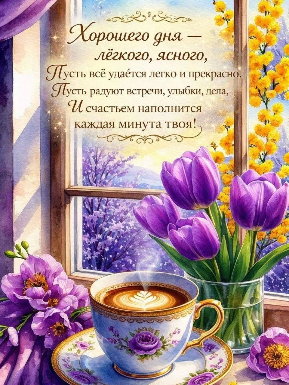 Хорошего дня — лёгкого, ясного, Пусть всё удаётся легко и прекрасно. Пусть радуют встречи, улыбки, дела, И счастьем наполнится каждая минута твоя!