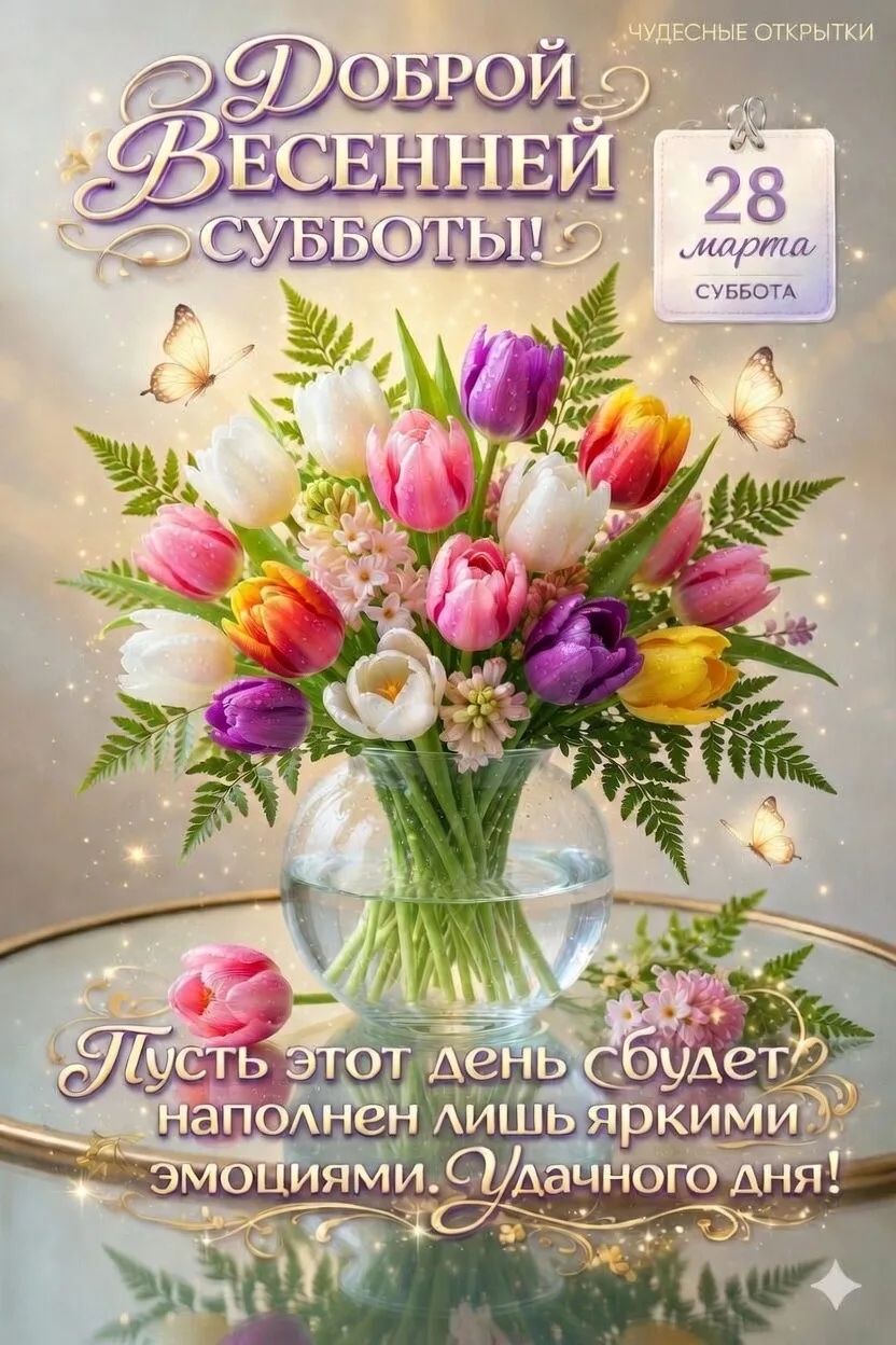 ЧУДЕСНЫЕ ОТКРЫТКИ ДОБРОЙ ВЕСЕННЕЙ СУББОТЫ! 28 марта СУББОТА Пусть этот день будет наполнен лишь яркими эмоциями. Удачного дня!