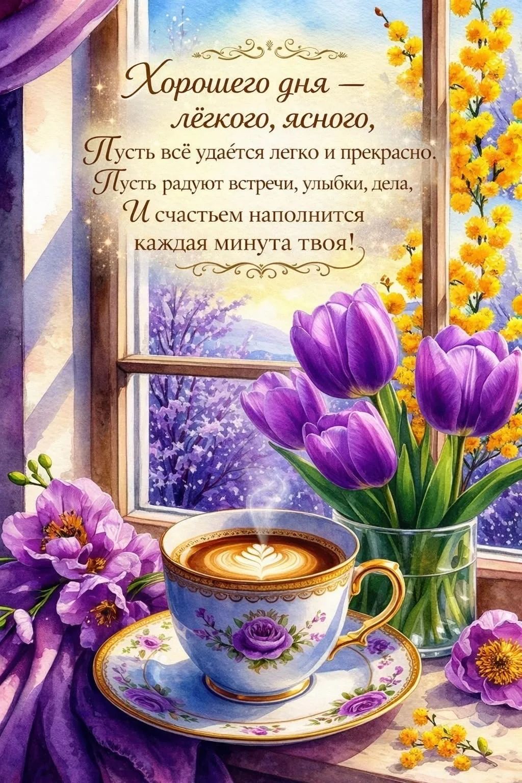 Хорошего дня — лёгкого, ясного, Пусть всё удаётся легко и прекрасно. Пусть радуют встречи, улыбки, дела, И счастьем наполнится каждая минута твоя!