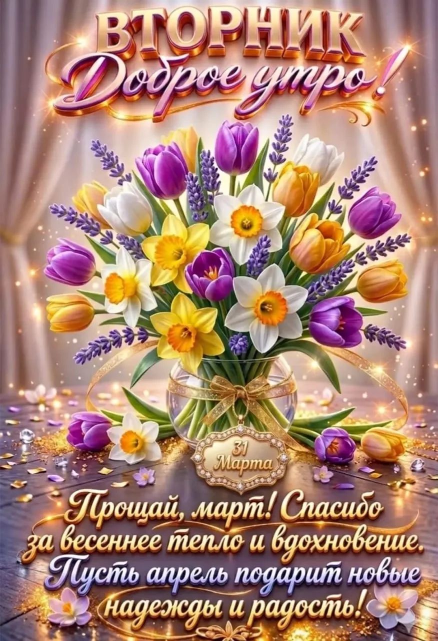 ВТОРНИК Доброе утро! 31 Марта Прощай, март! Спасибо за весеннее тепло и вдохновение. Пусть апрель подарит новые надежды и радость!