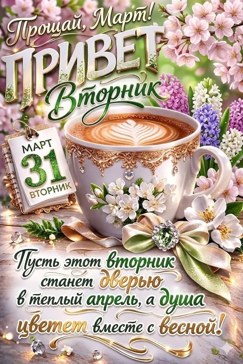 Прощай, Март! ПРИВЕТ Вторник МАРТ 31 ВТОРНИК Пусть этот вторник станет дверью в теплый апрель, а душа цветет вместе с весной!