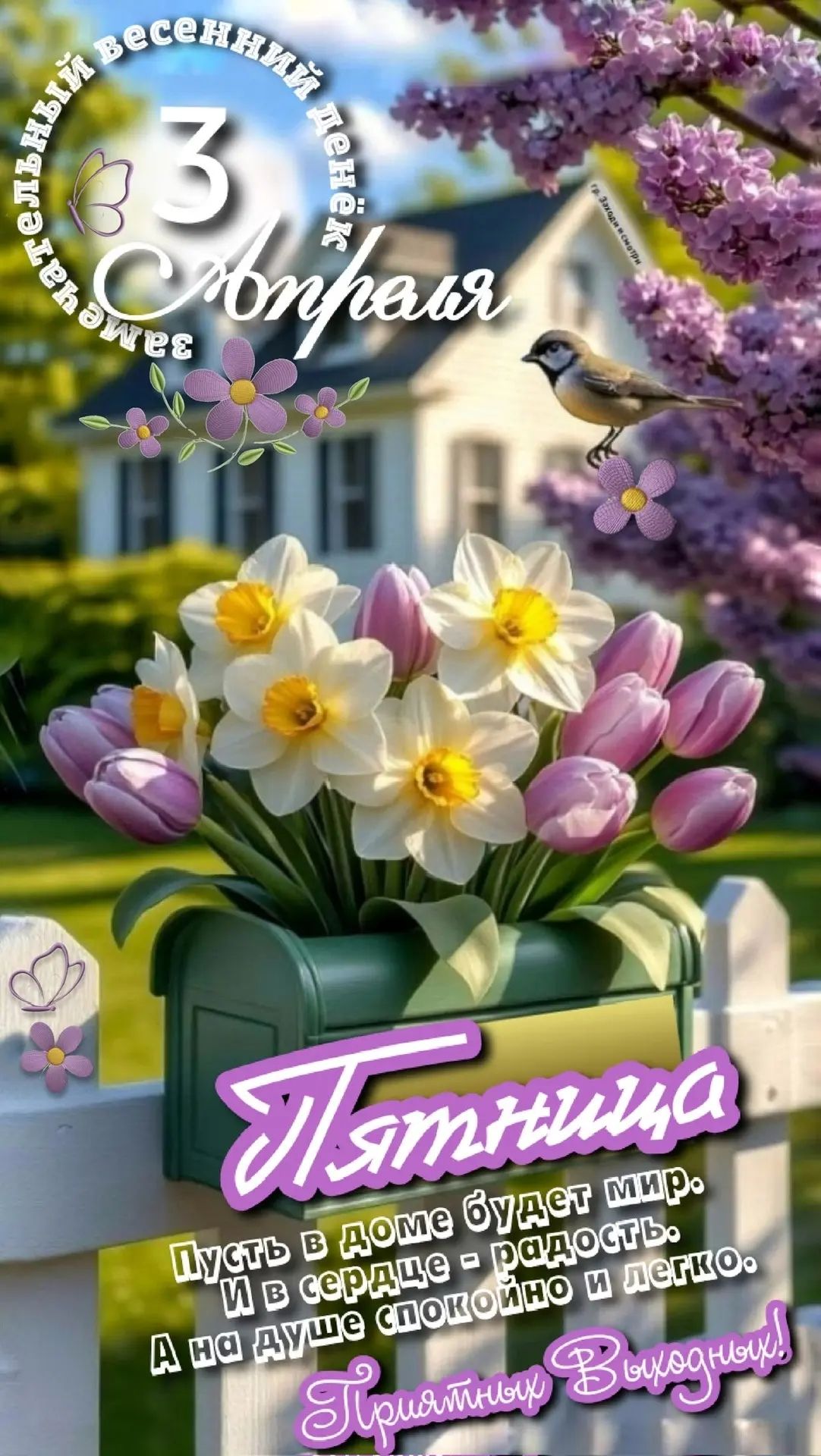 Замечательный весенний денёк 3 Апреля Пятница Пусть в доме будет мир. И в сердце - радость. А на душе спокойно и легко. Приятных Выходных!