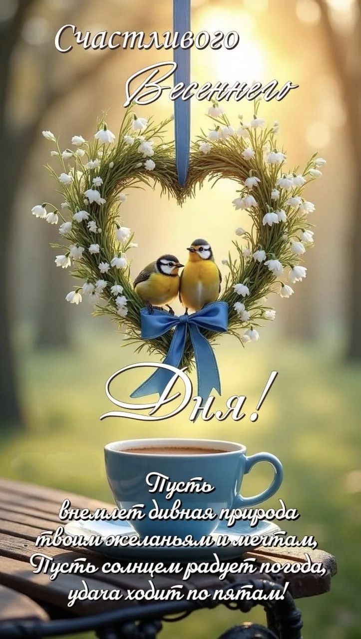 Счастливого Весеннего Дня! Пусть внемлет дивная природа твоим желаньям и мечтам, Пусть солнцем радует погода, удача ходит по пятам!