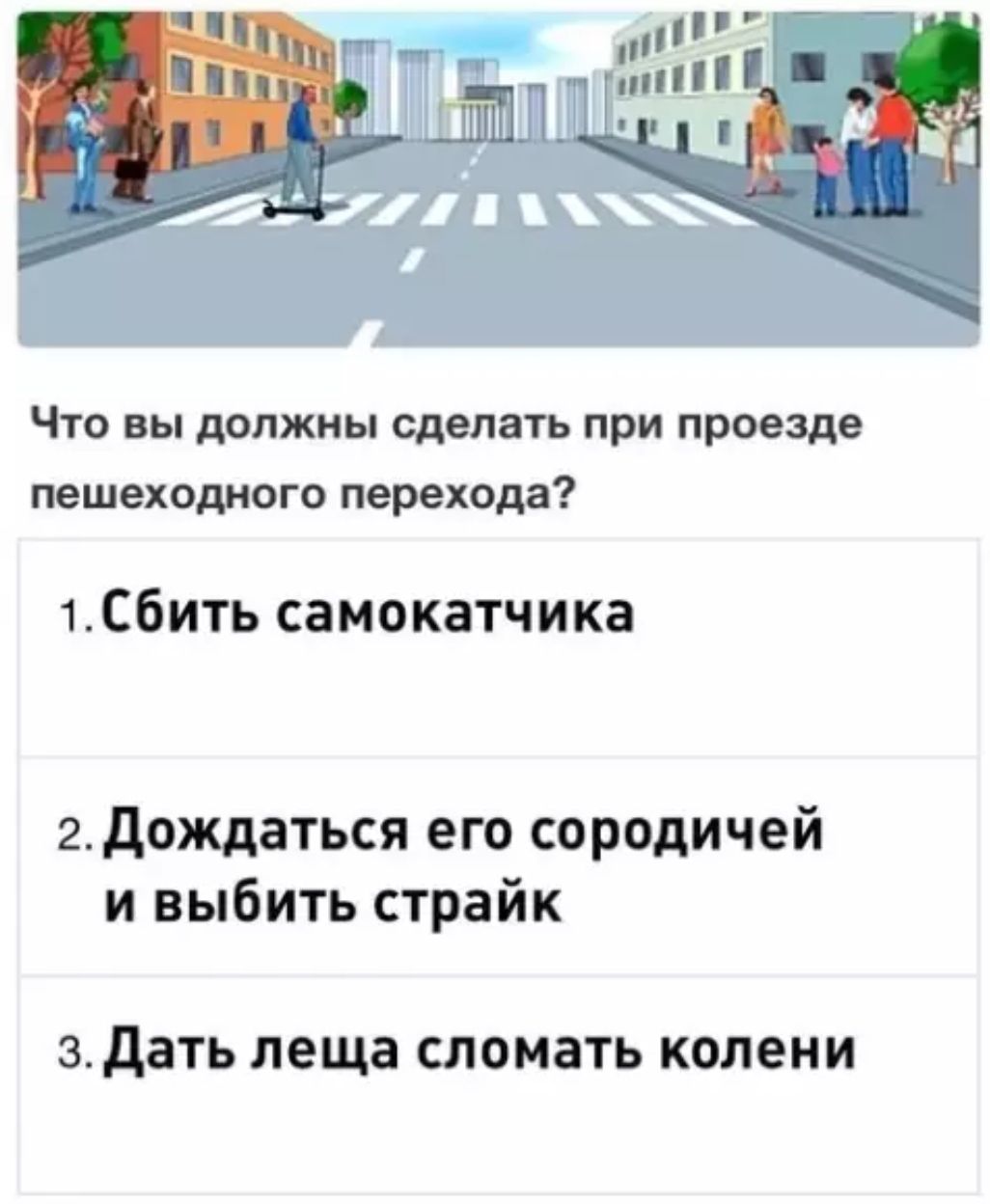 Что вы должны сделать при проезде пешеходного перехода?
1. Сбить самокатчика
2. Дождаться его сородичей и выбить страйк
3. Дать леща сломать колени