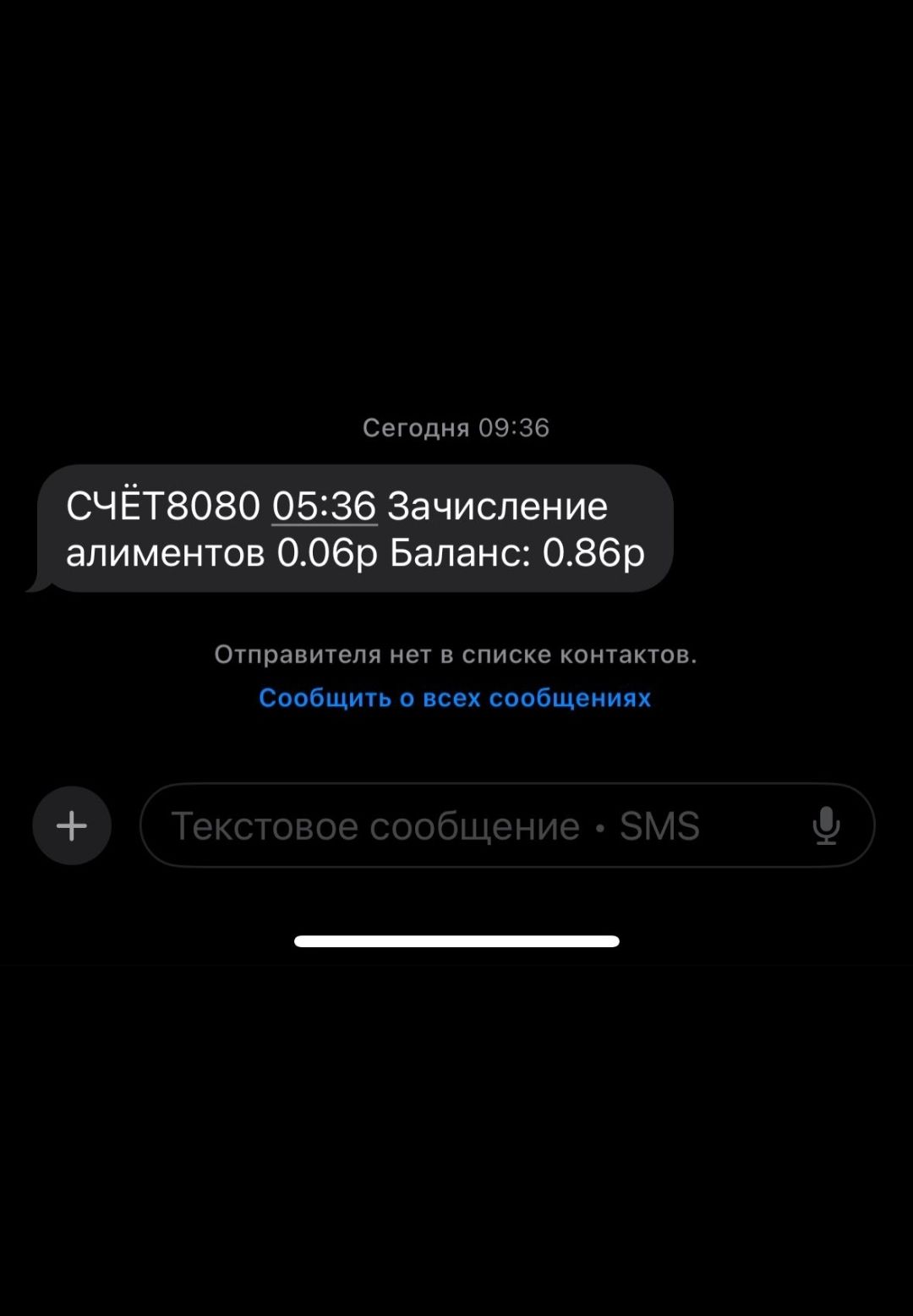 СЧЁТ8080 05:36 Зачисление алиментов 0.06р Баланс: 0.86р