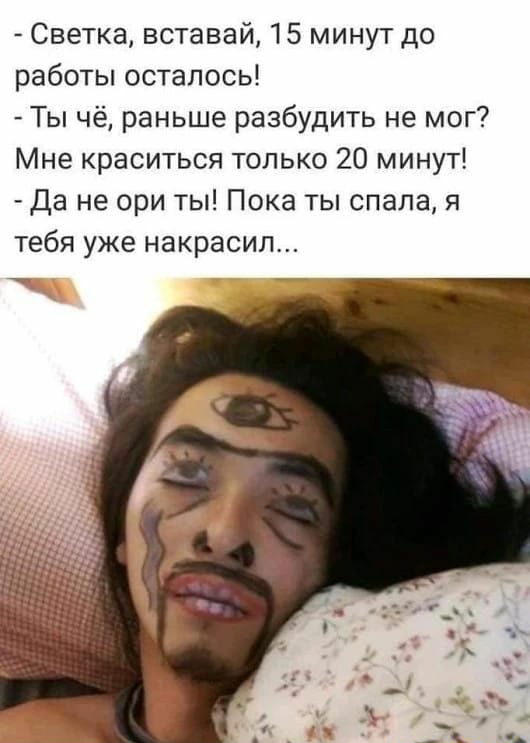 Светка вставай 15 минут до работы осталось Ты чё раньше разбудить не мог Мне краситься только 20 минут Да не ори ты Пока ты спала я тебя уже накрасил
