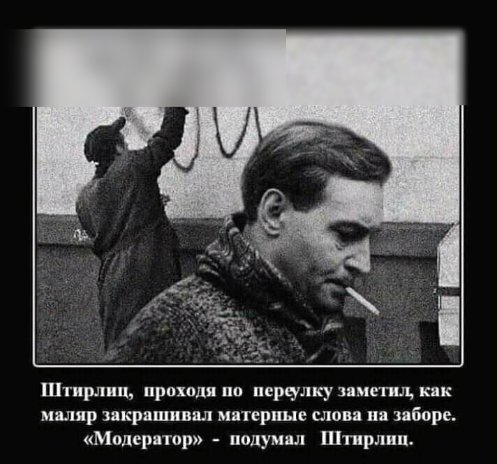 Штирлиц проходя по перчлку заметил как маляр закрашивал матерные слова на заборе Модератор подумал Штирлиц