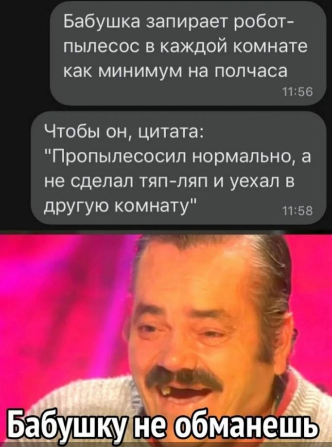Бабушка запирает робот пылесос в каждой комнате КЭК МИНИМУМ на полчаса 1156 Чтобы он цитата Пропылесосил нормально а не сделал тяп ляп и уехал в другую комнату 1158