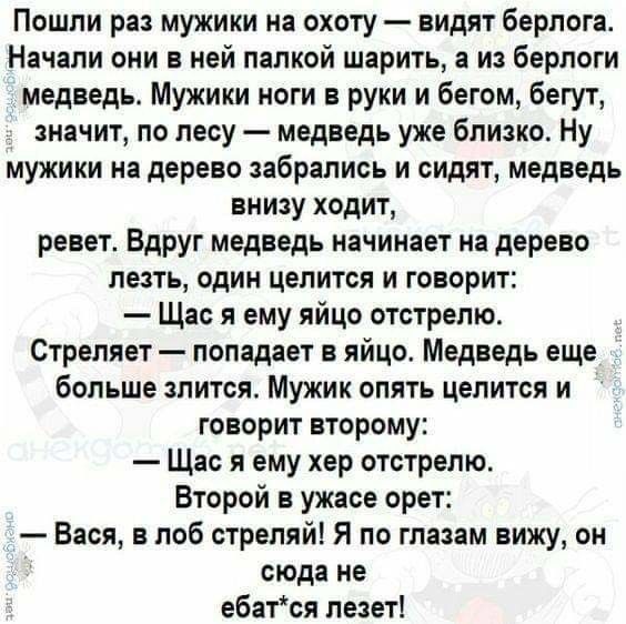 Пошли раз мужики на охоту видят берлога Начали они в ней палкой шарить а из берлоги медведь Мужики ноги в руки и бегом бегут значит по лесу медведь уже близко Ну мужики на дерево забрались и сидят медведь внизу ходит ревет Вдруг медведь начинает на дерево лезть один целится и говорит Щас я ему яйцо отстрепю Стреляет попадает в яйцо Медведь еще _ больше злится Мужик опять целится и говорит второму 