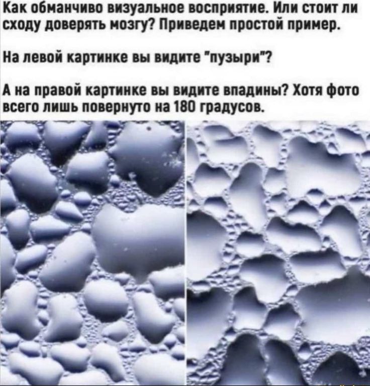 Как обманчиво визуальное восприятие Им стоит ли сходу доверять мозгу Приведен простой пример На левой картинке вы видите пузыри А на правой картинке вы видите впадины Хотя Фото всего лишь повериуто на 180 градусов
