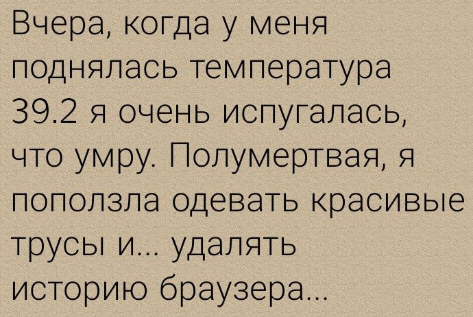 Вчера когда у меня поднялась температура 392 я очень испугалась что умру Полумертвая я поползла одевать красивые трусы и удалять историю браузера